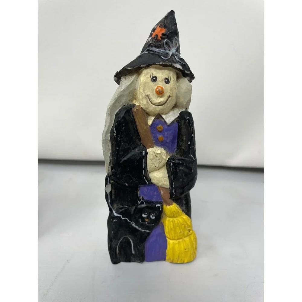 Hermitage pottery Halloween Decor Witch Figurines w/‎ Frog Cat Broom - Set of 2